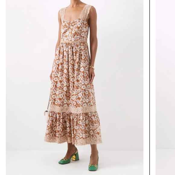 Floral-Print Lace-Trimmed Cotton Twill Midi Dress in Brown Cottagecore Prarie M - Picture 13 of 13